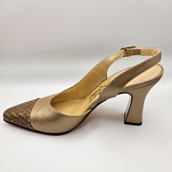 Salvatore Ferragamo Gold Leather Slingback Heels w/ Snakeskin Cap Toe – Size 8B - Picture 5 of 11